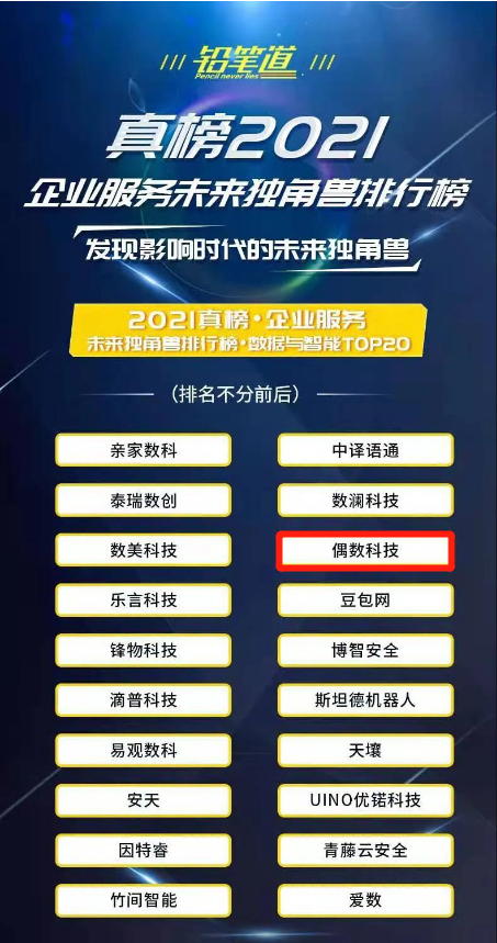 偶数科技荣登“2021真榜•企业服务未来独角兽排行榜•数据与智能TOP20”