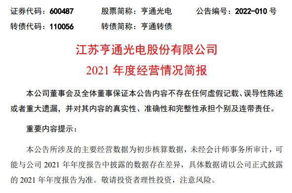 亨通光电：预计2021年净利润同比增长约30%至49%