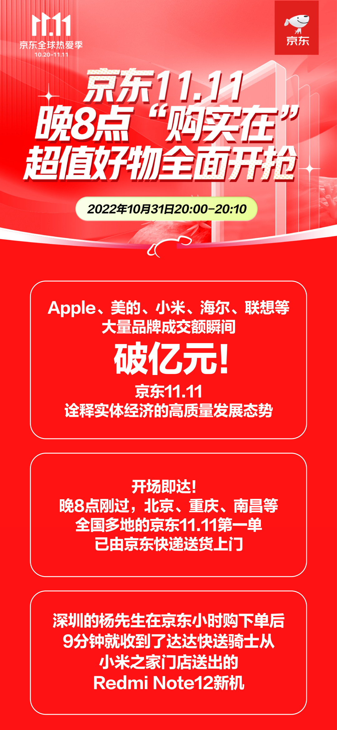 京东双 11：苹果、小米、华为、荣耀、iQOO 手机成交额 1 秒破亿，4090 显卡 3 秒售罄